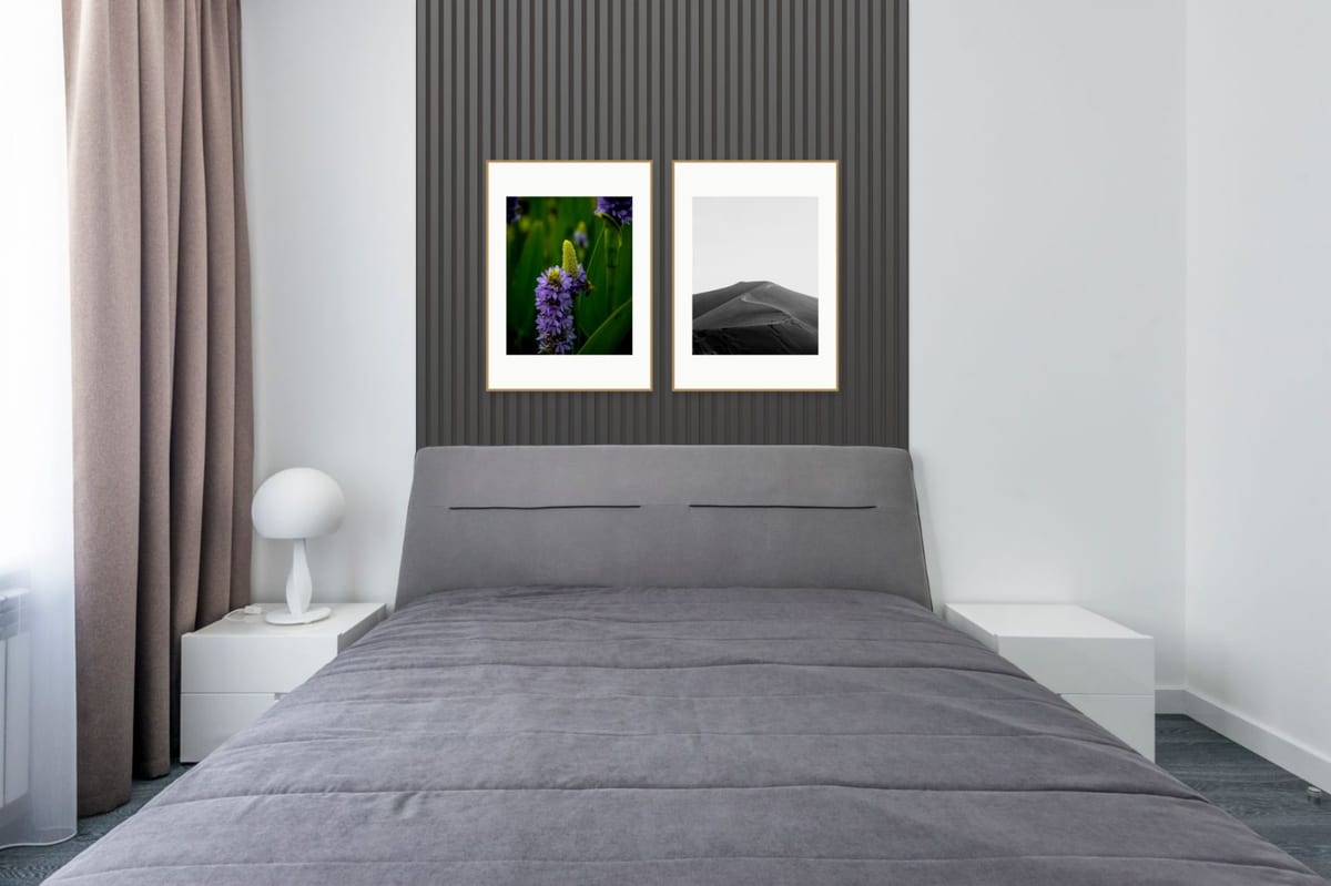 Two gold frames on a black slatted panel exactly as wide as a grey upholstered queen bed in a white bedroom