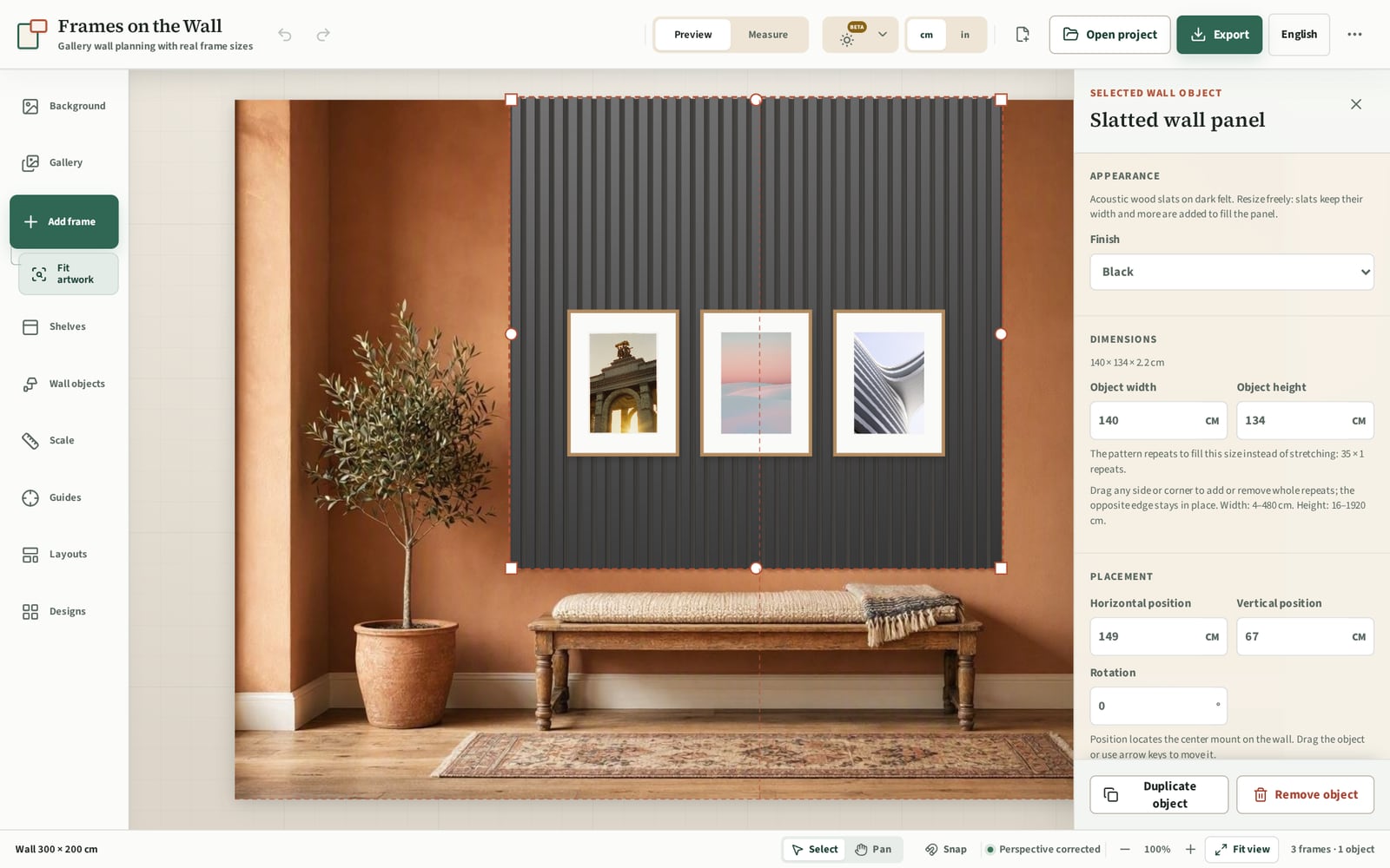 A selected black slatted panel in the planner with resize handles on every side and corner and the inspector showing 35 by 1 repeats