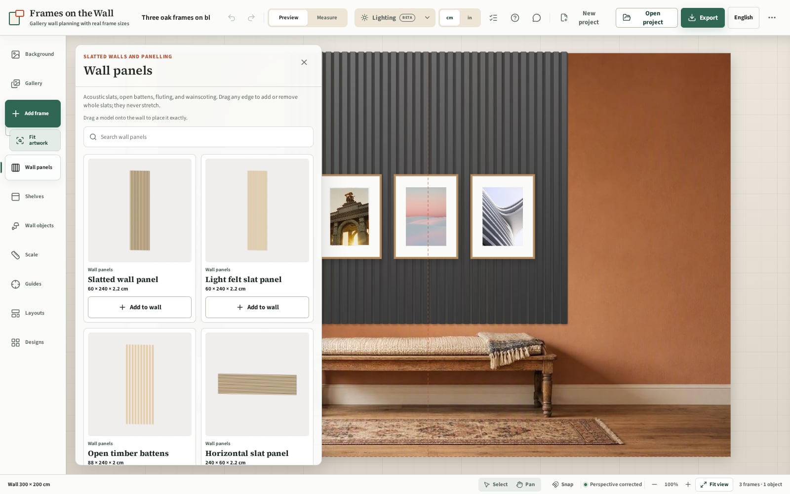 The Frames on the Wall planner with the Wall panels tool open from the tool bar, showing a slatted wall panel and a light felt slat panel