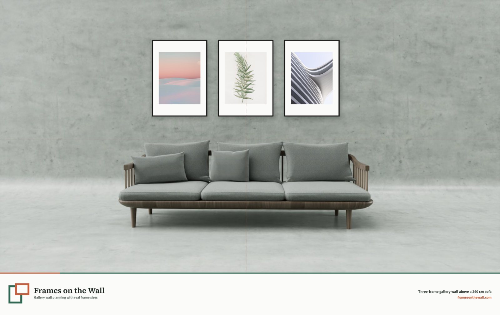 Planner render of three black gallery wall frames above a complete grey 240 centimetre sofa