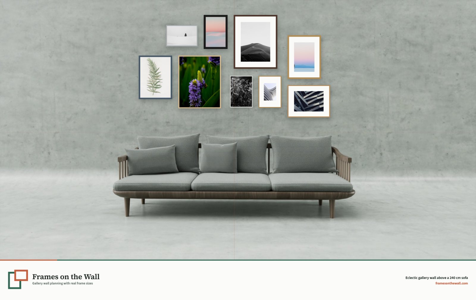 Eclectic nine-frame planner design above a complete grey sofa calibrated to 240 centimetres wide
