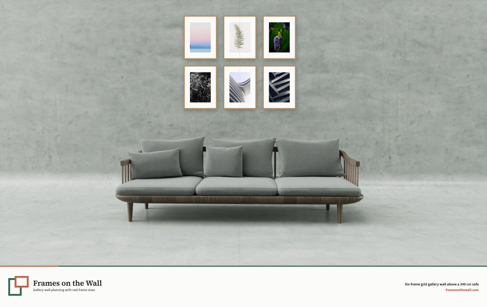 Planner render of six oak gallery wall frames in a grid above a complete grey 240 centimetre sofa