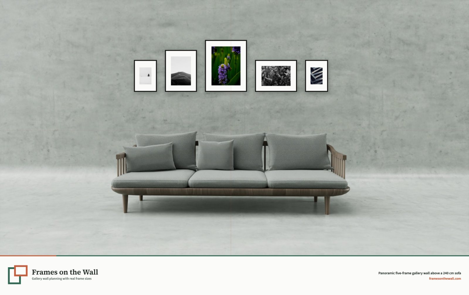 Planner render of five panoramic gallery wall frames above a complete grey 240 centimetre sofa