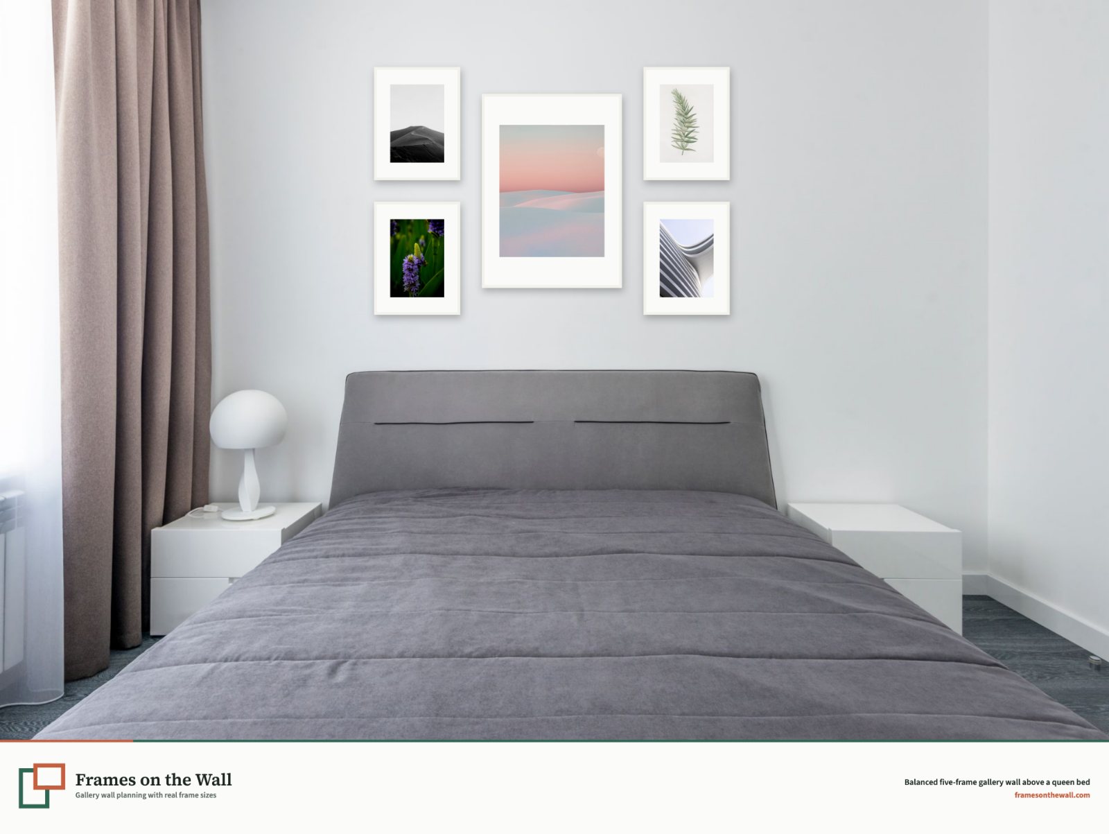 Planner render of five balanced white frames above a front-facing queen bed and blank wall