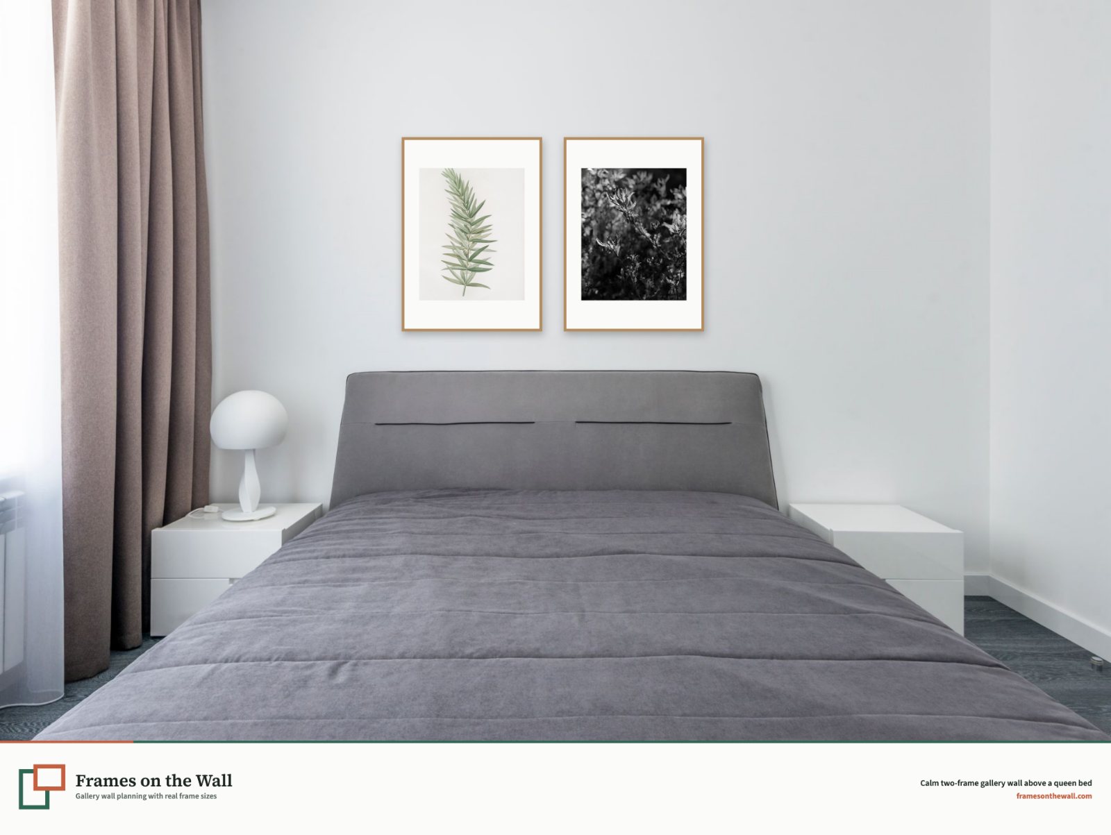 Planner render of two oak gallery wall frames above a front-facing grey queen bed