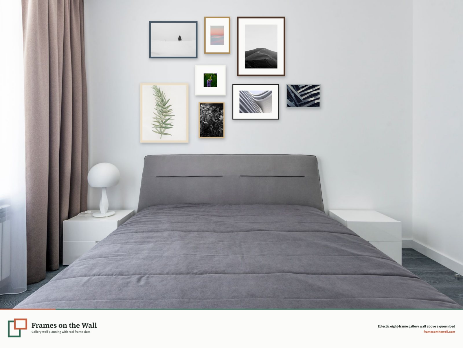 Eclectic eight-frame gallery wall in the planner above a grey queen bed in a bright bedroom