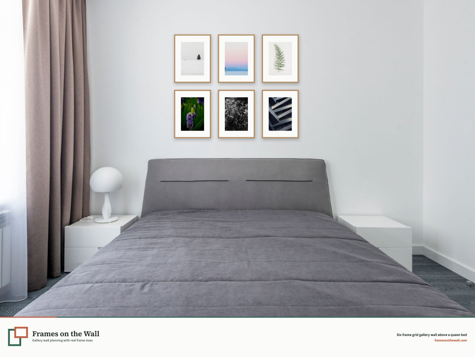 Planner render of six oak frames in a grid above a front-facing grey queen bed