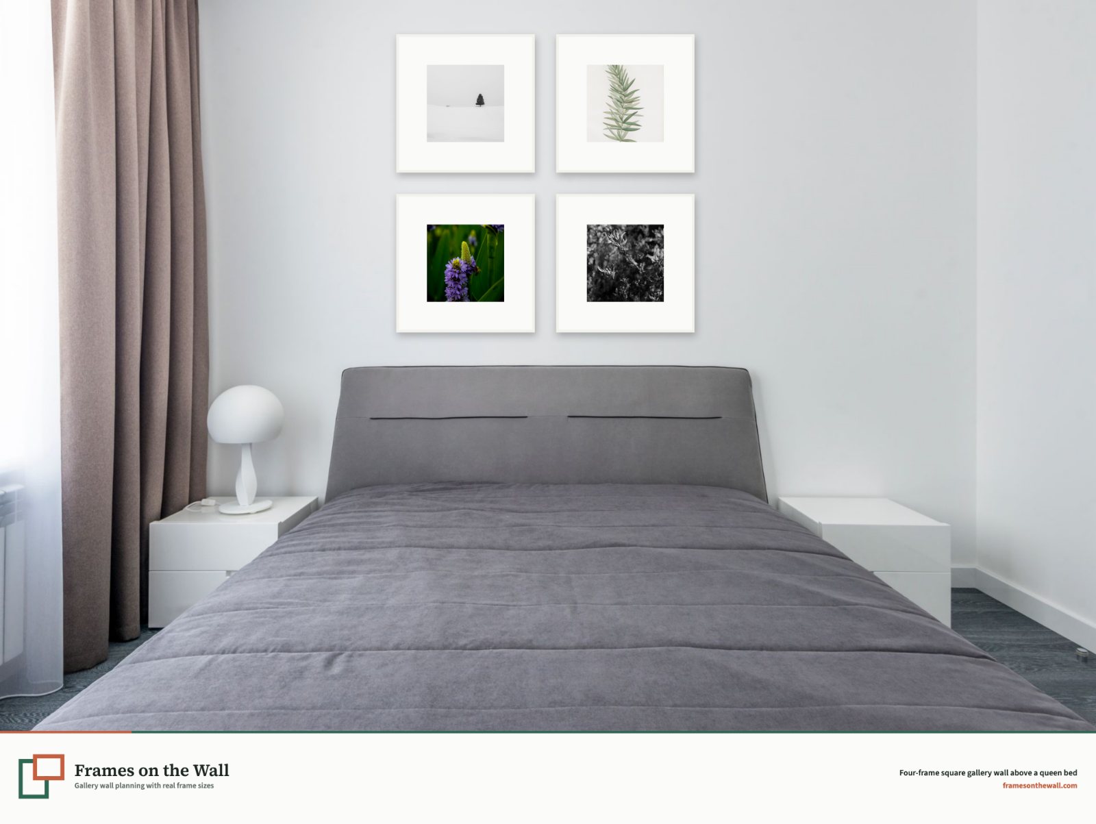 Planner render of four square white frames above a front-facing grey queen bed