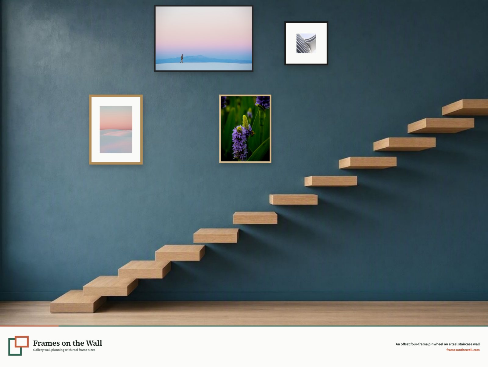 Planner render of four offset eclectic frames beside floating oak stairs on a deep teal wall
