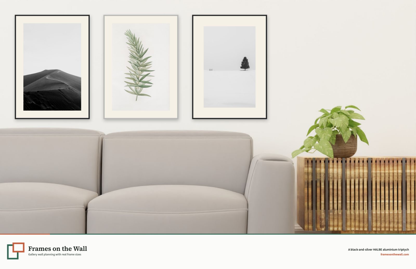 Planner render of three black and silver HALBE aluminium frames above a front-facing grey sofa