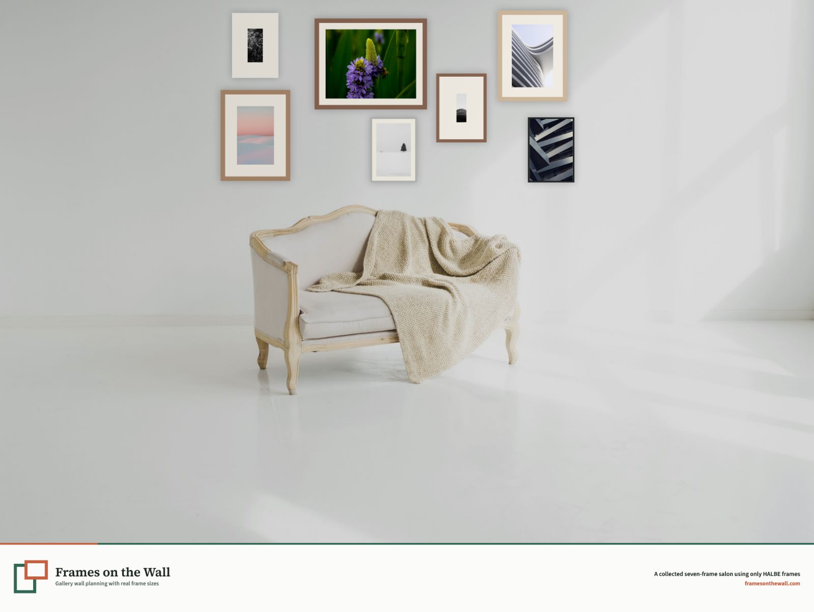 Planner render of seven mixed HALBE frames above a front-facing vintage white settee