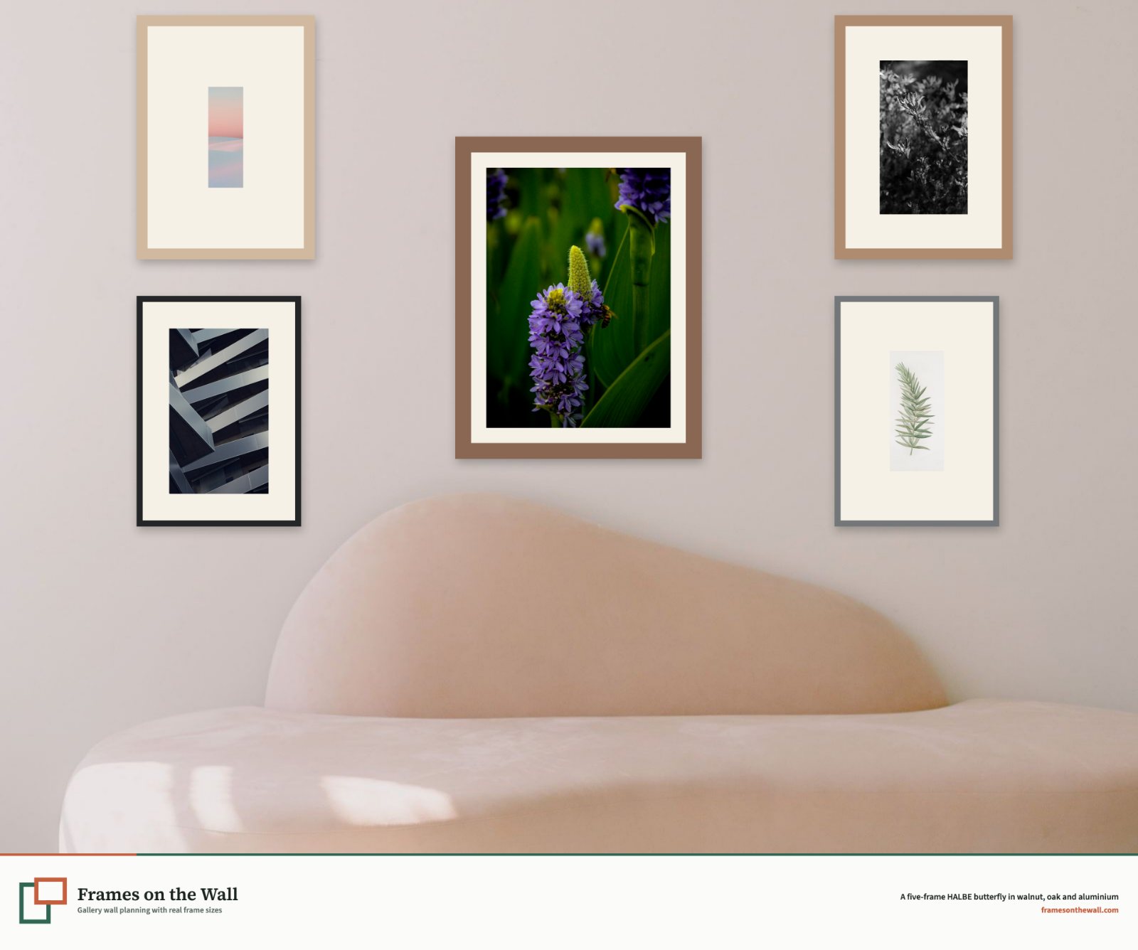 Planner render of five HALBE wood and aluminium frames in a butterfly composition above a curved sofa