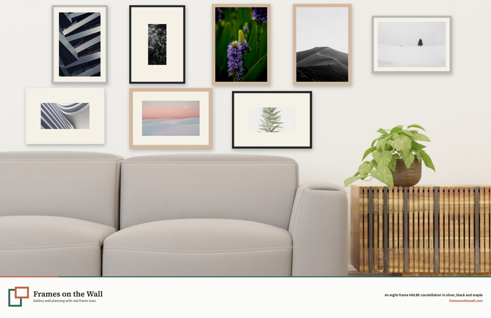 Planner render of eight silver black white and maple HALBE frames above a front-facing grey sofa