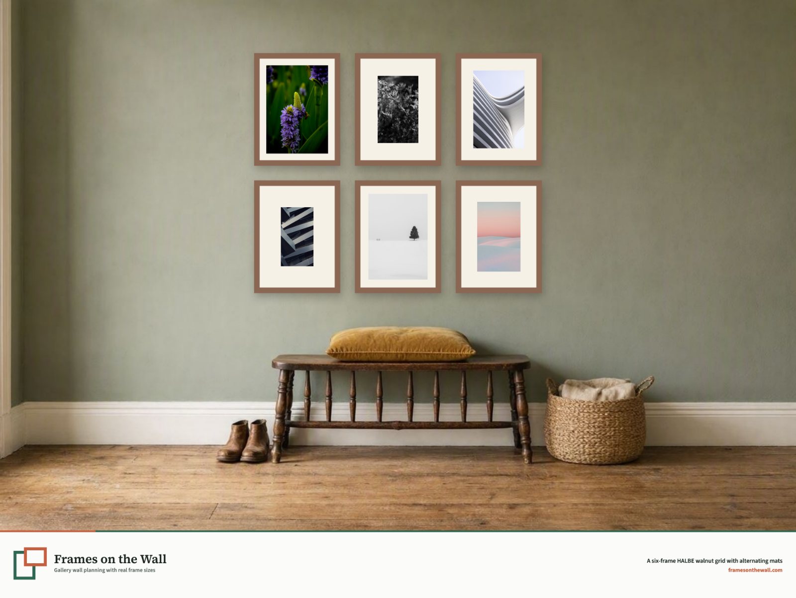 Planner render of six walnut HALBE frames in a balanced grid on a sage-green hallway wall above a wooden bench