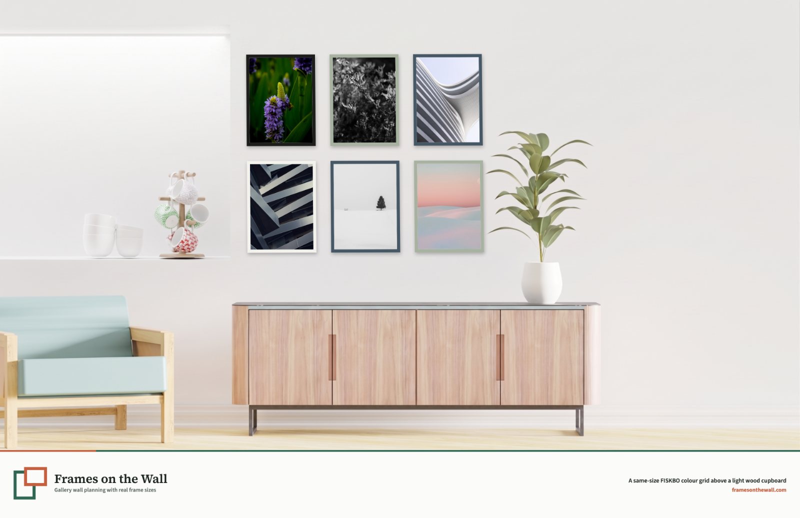 Planner render of six same-size IKEA FISKBO frames in a two-row colour grid above a light wood cupboard