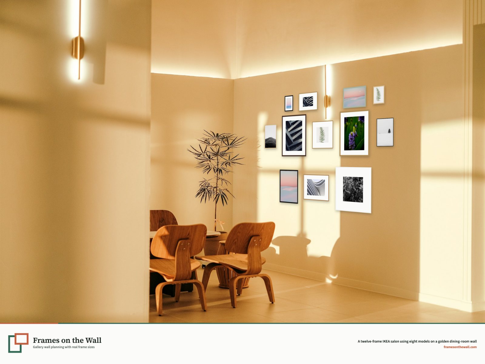 Nine black and white IKEA KNOPPÄNG frames clustered in a cascading block along a concrete staircase wall