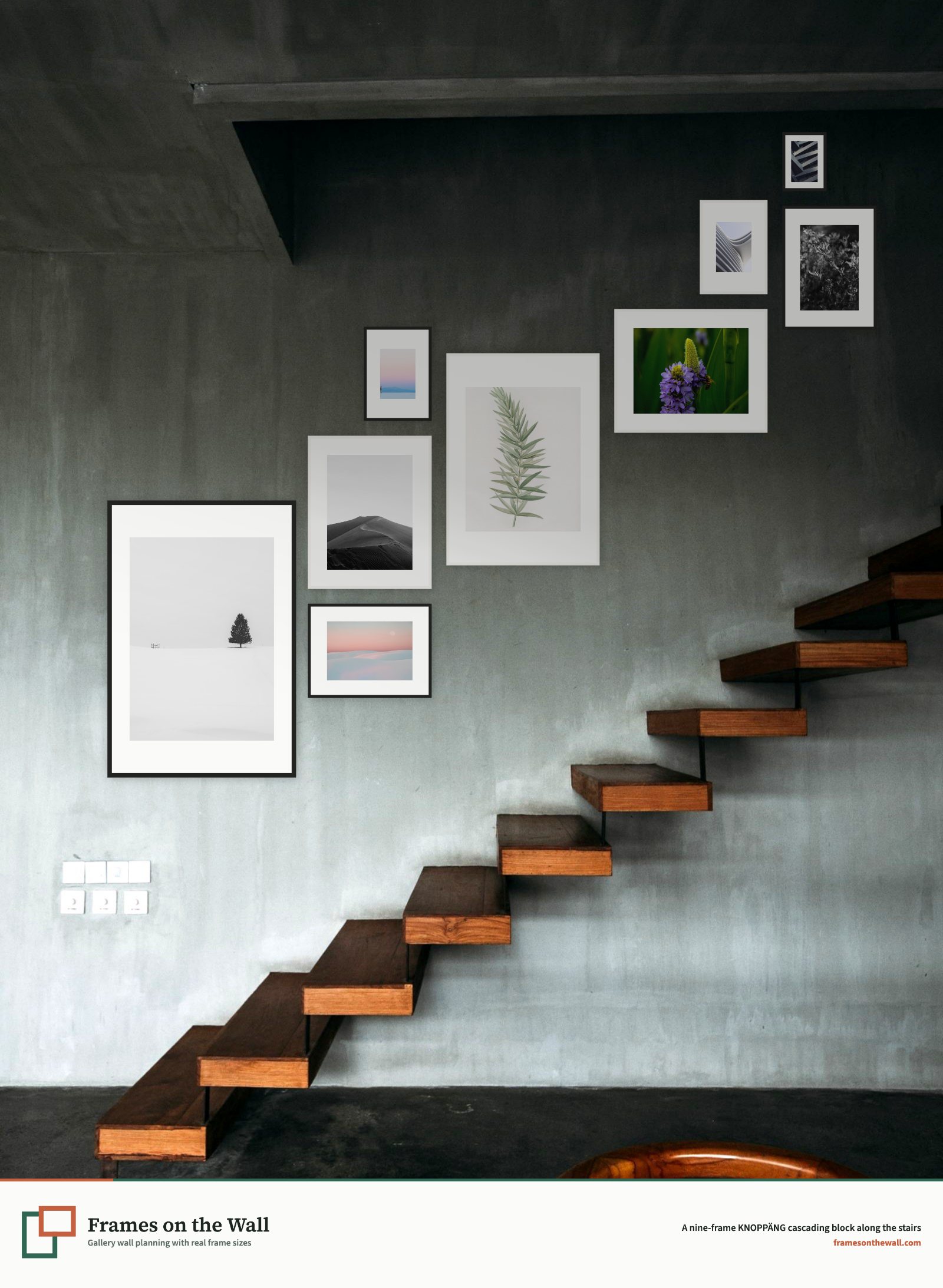 Planner render of nine black and white IKEA KNOPPÄNG frames clustered in a cascading block along a concrete staircase