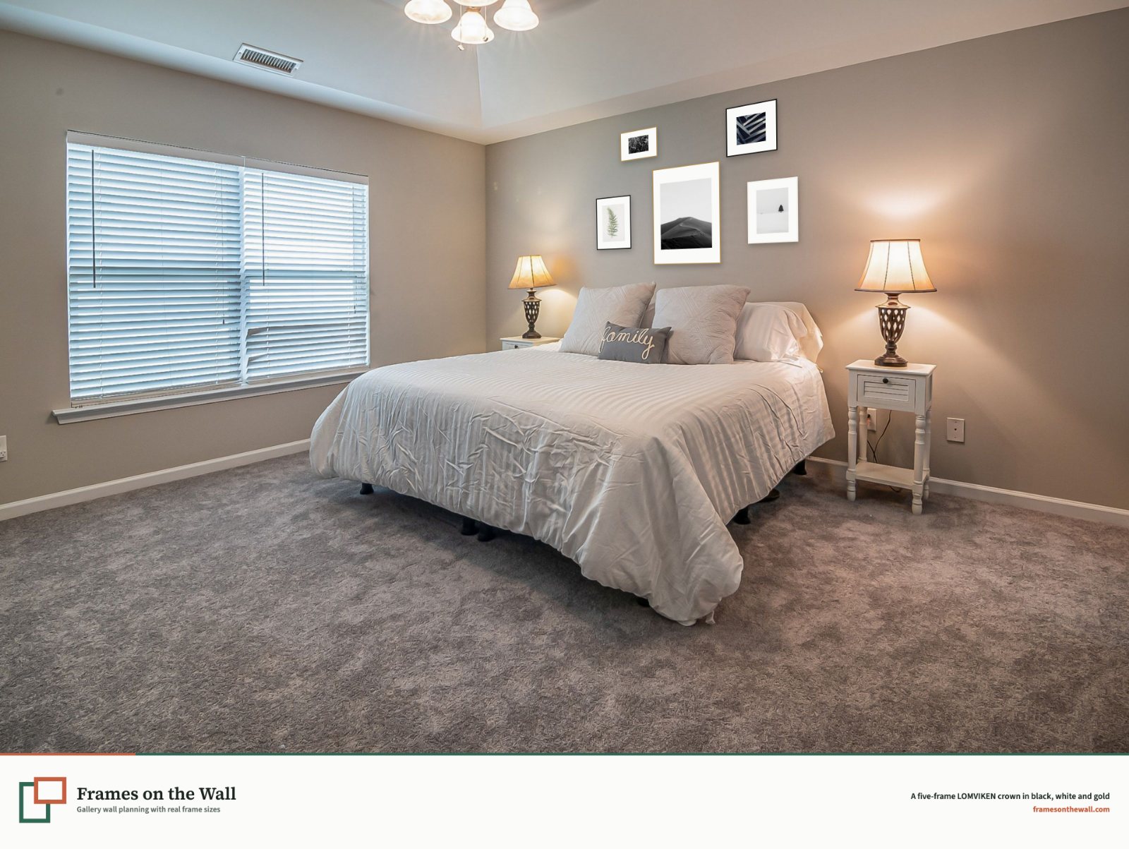 Planner render of five black white and gold IKEA LOMVIKEN frames in a crown arrangement above a bed