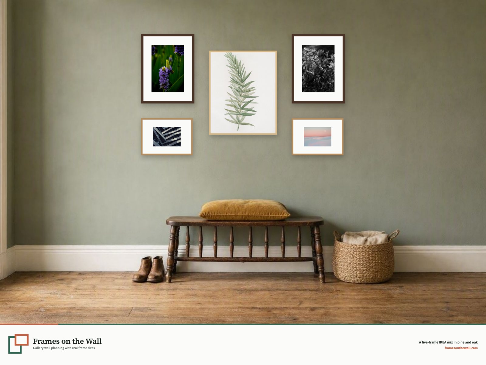 Planner render of five mixed IKEA frames in pine and oak above a wooden hallway bench