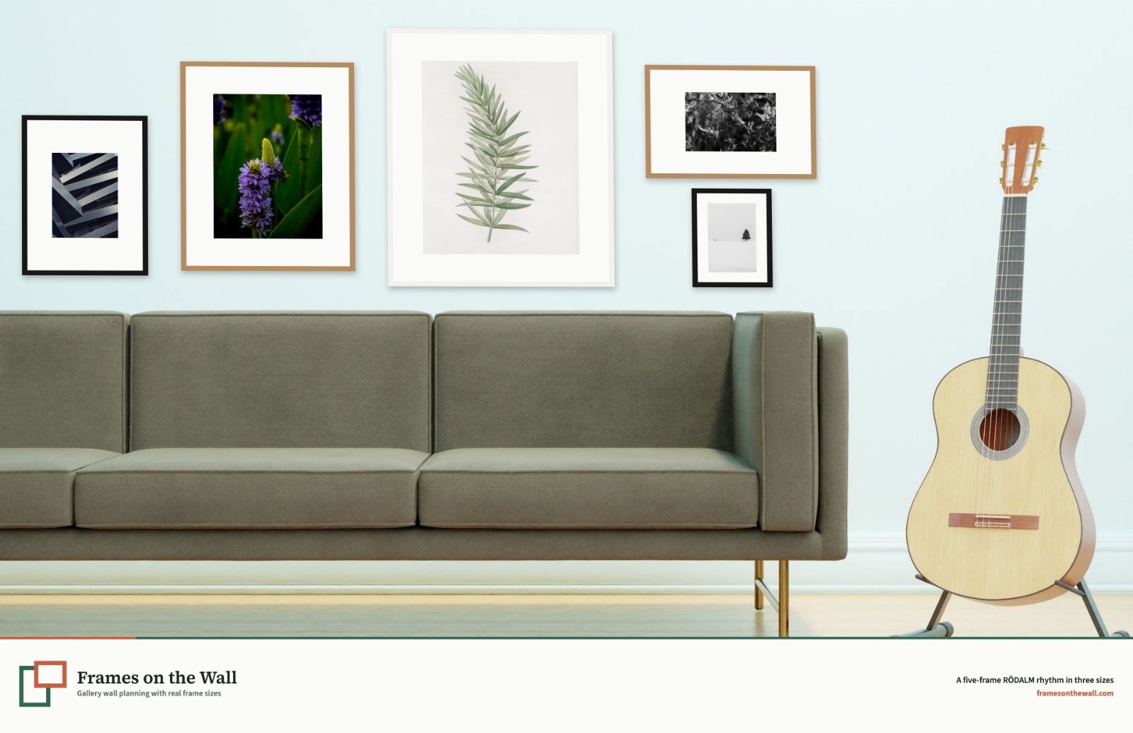 Planner render of five black white and oak-effect IKEA RÖDALM frames in several sizes above a grey sofa beside a guitar