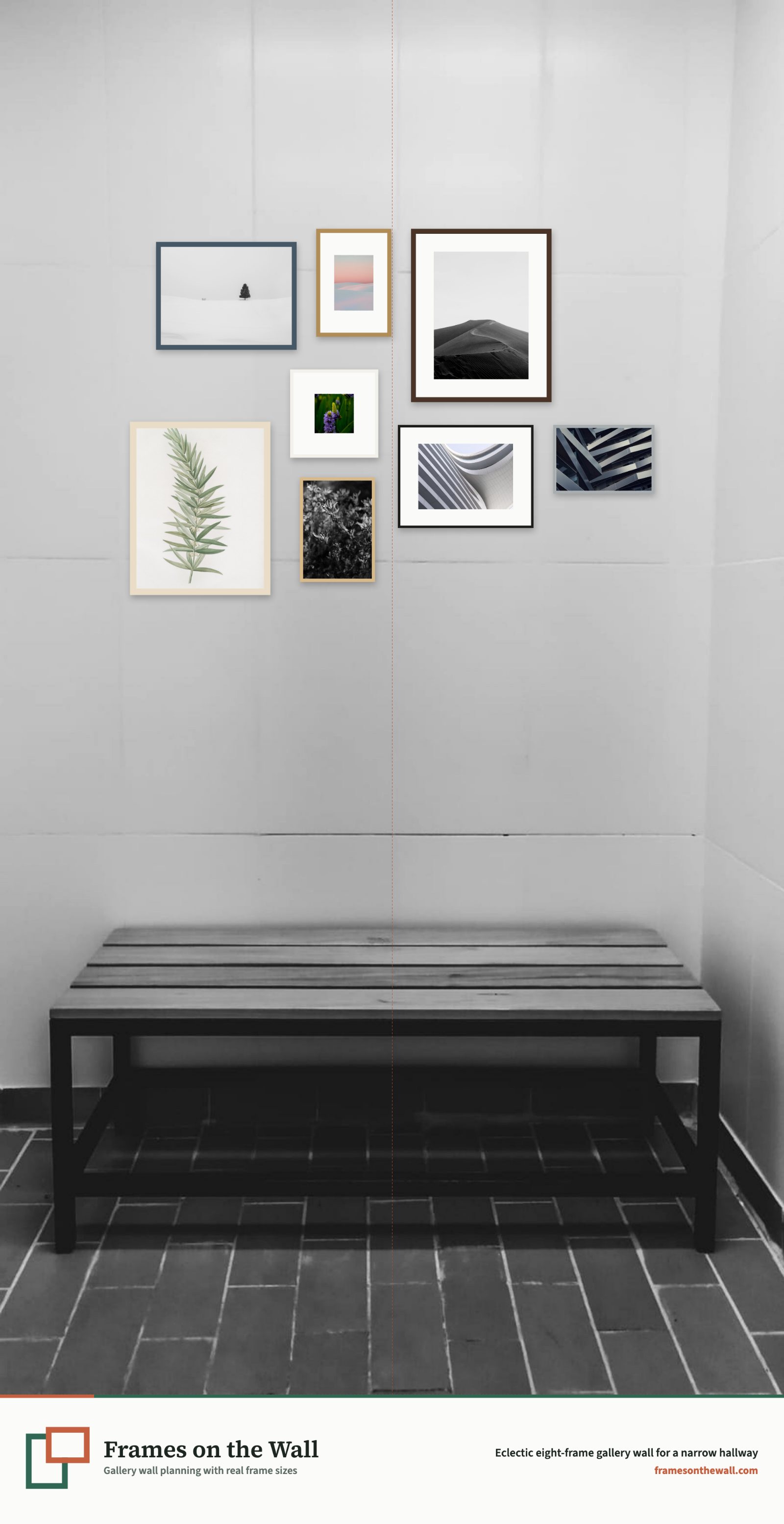 Planner render of an eclectic eight-frame salon arrangement on a narrow hallway wall