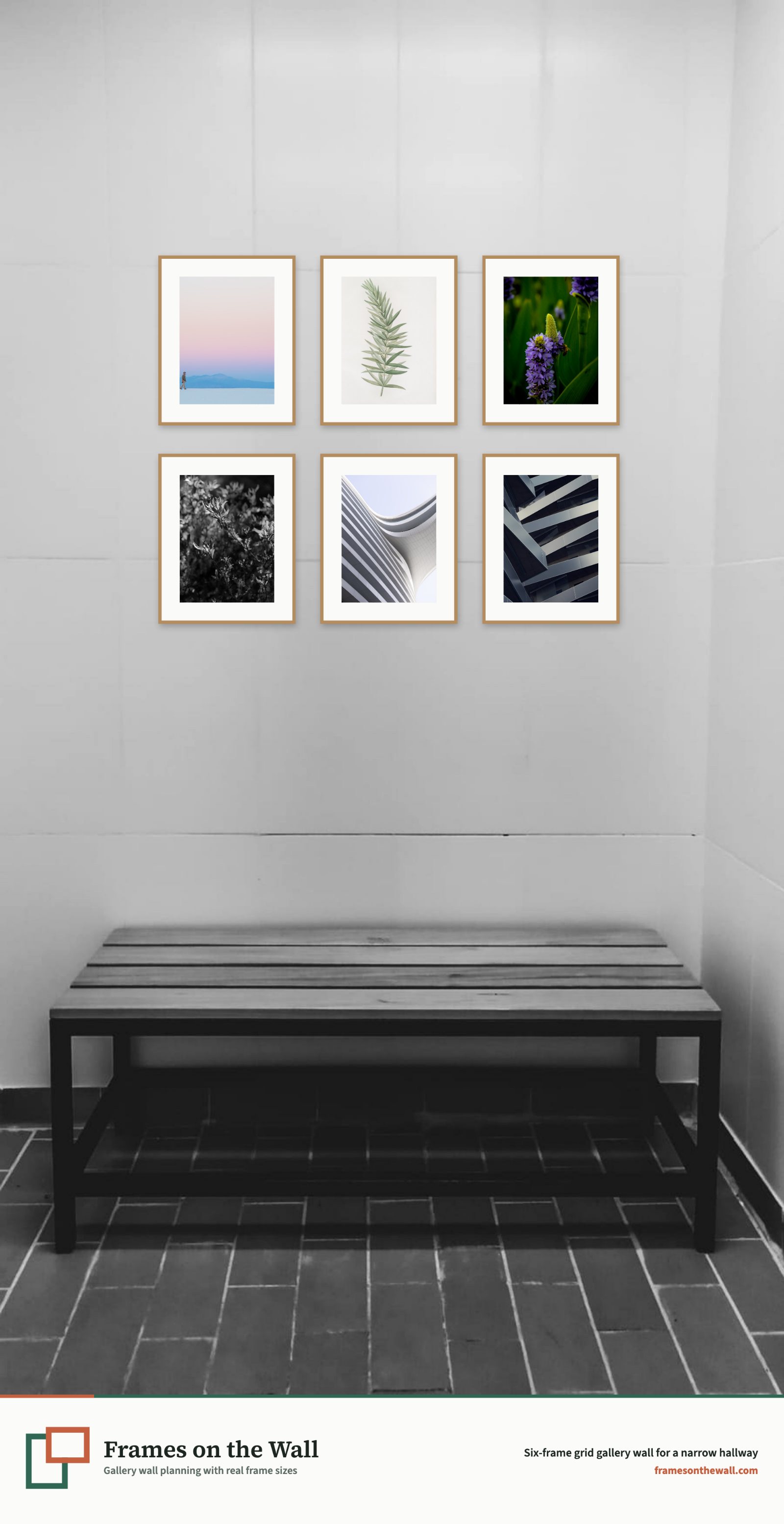 Planner render of six oak frames in a precise grid on a narrow hallway wall