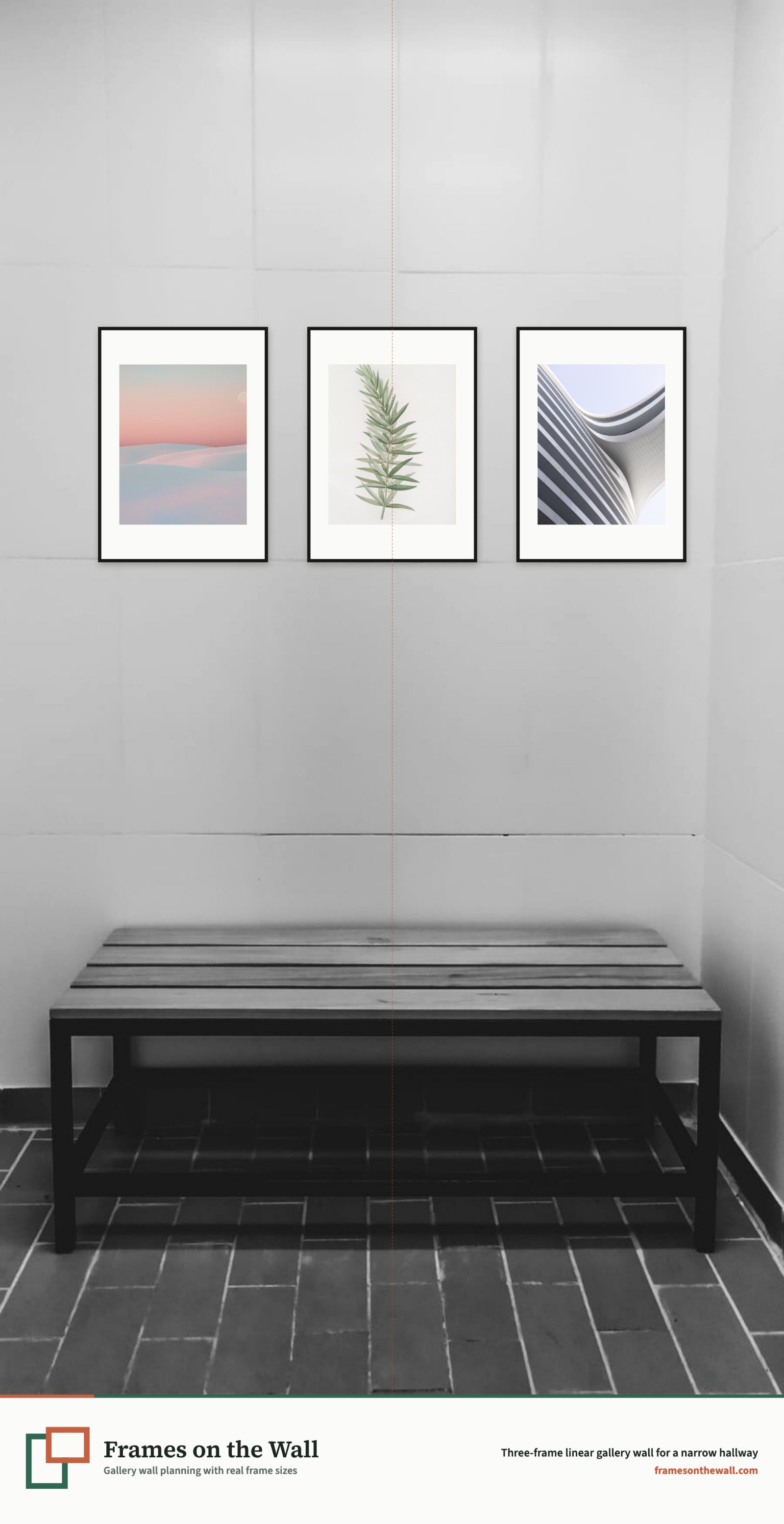 Planner render of three large black frames aligned along a narrow residential hallway wall