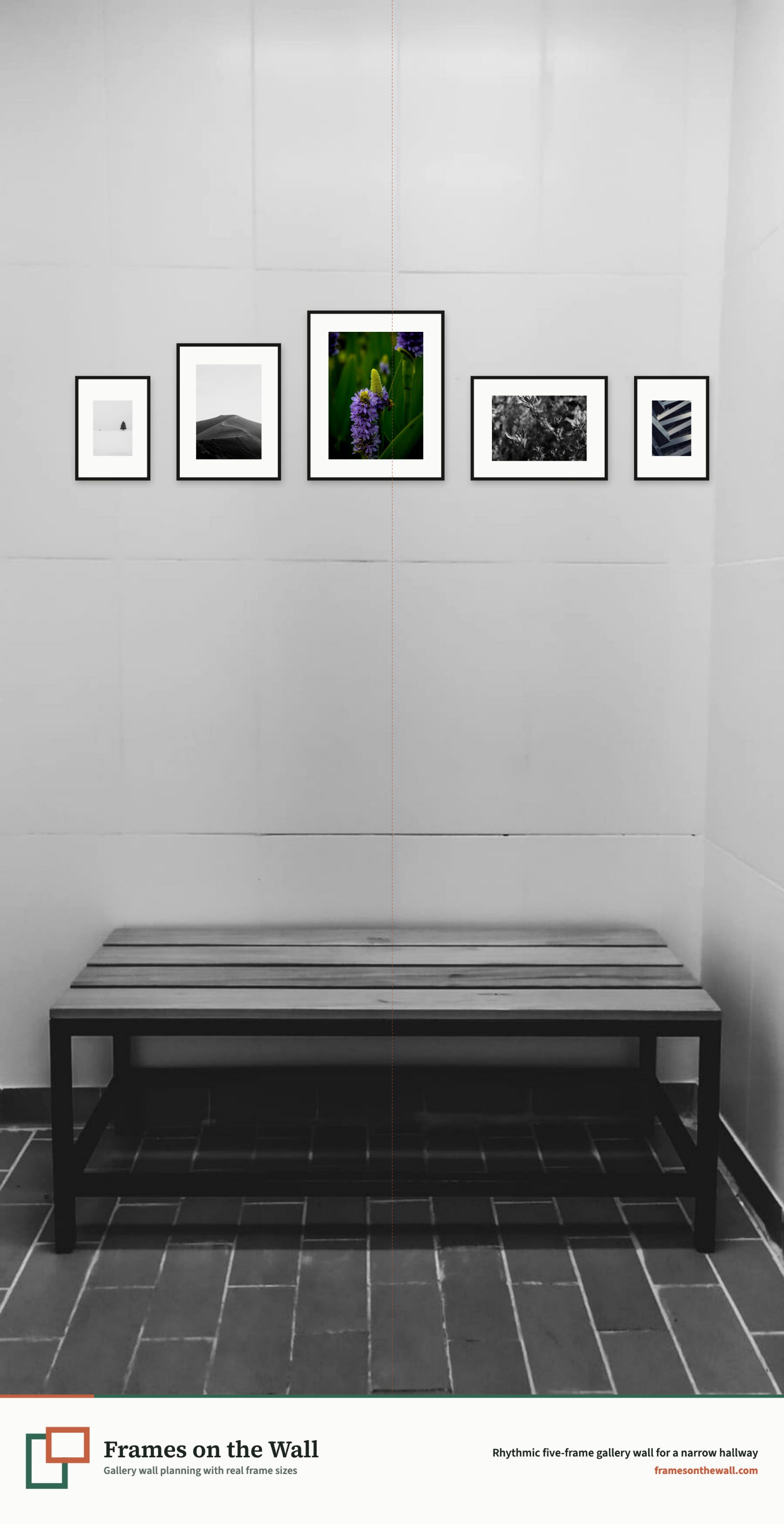 Planner render of five mixed black frames on a front-facing hallway wall