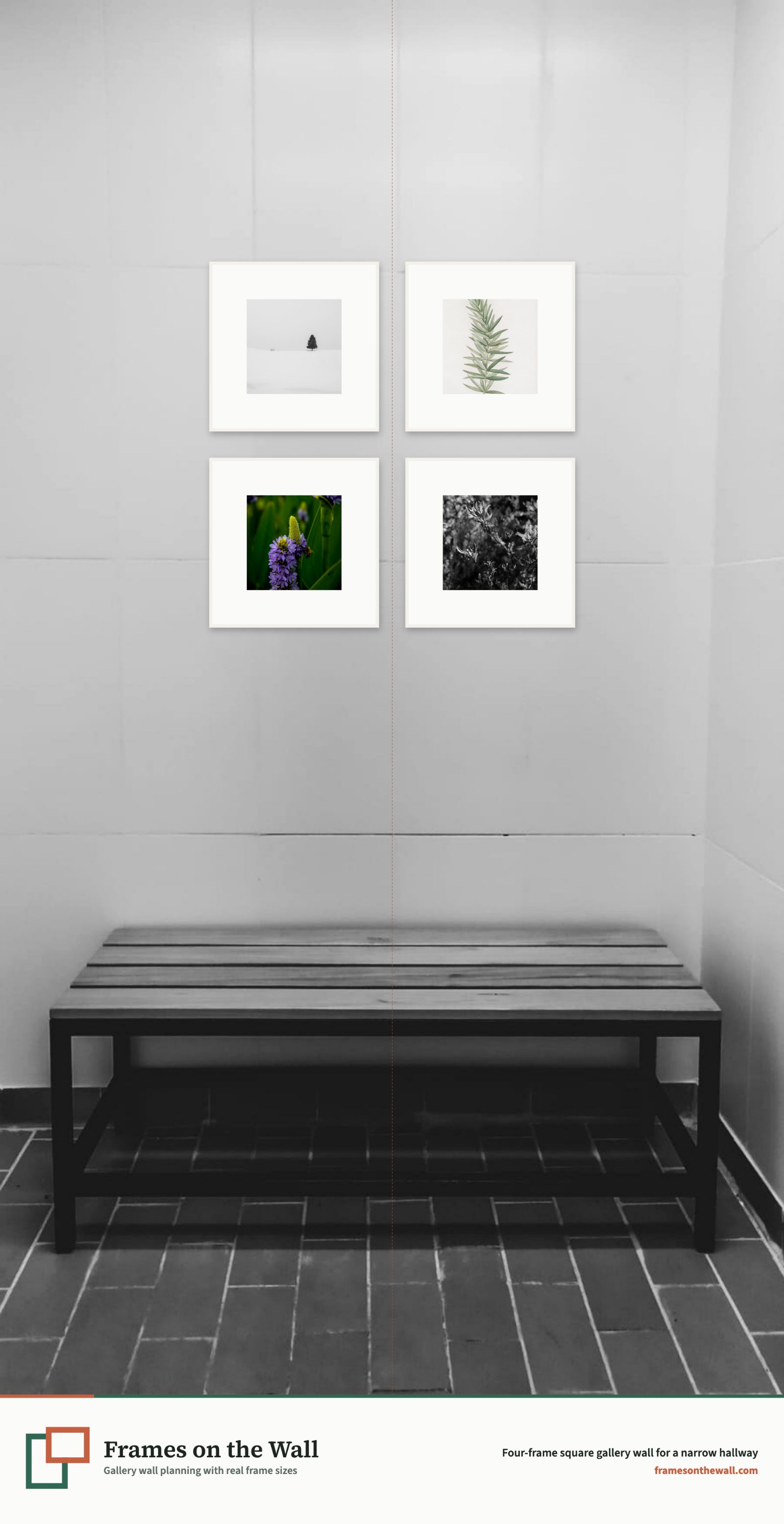 Planner render of four square white frames on a front-facing hallway bench wall
