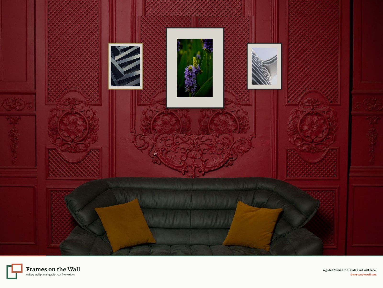 Planner render of three gold and black Nielsen frames inside an ornate red panel on a straight-on living-room wall