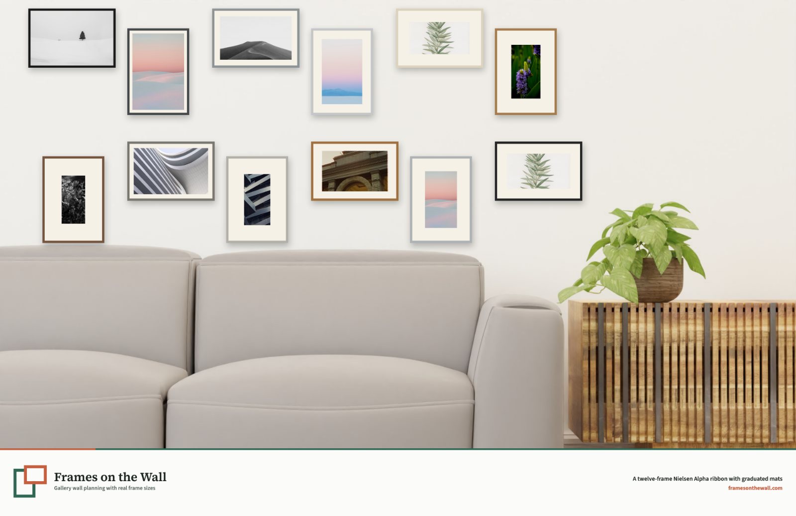 Twelve Nielsen Alpha frames in black silver amber and wood finishes above a front-facing grey sofa and slatted wooden cabinet