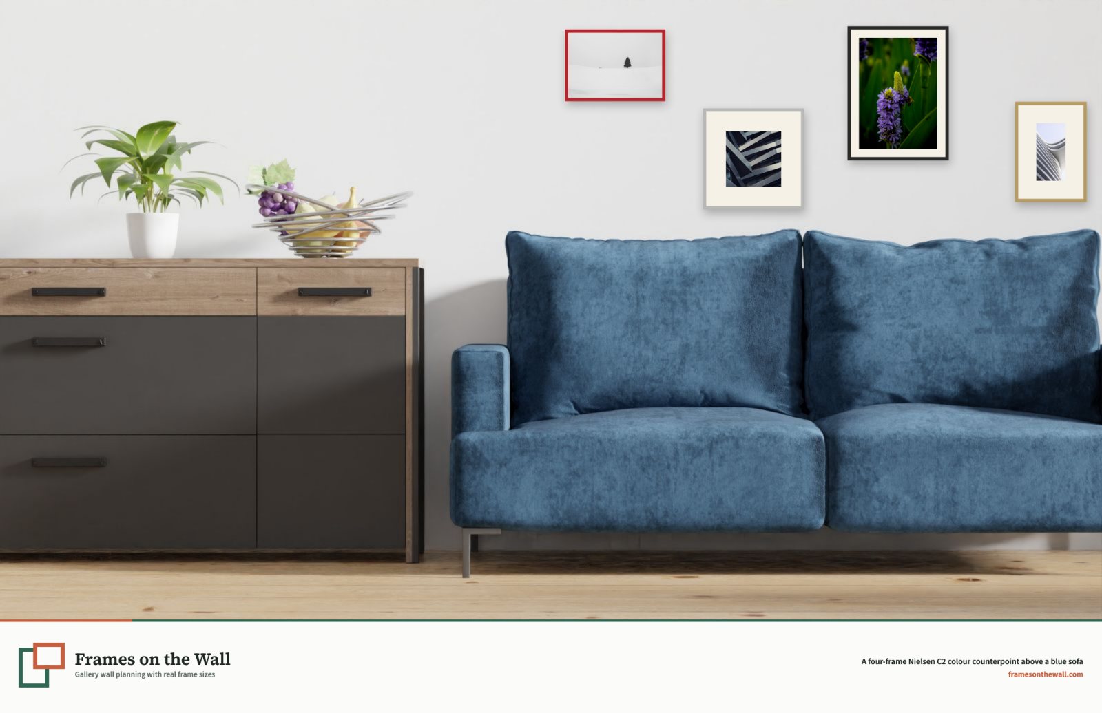 Planner render of four colorful Nielsen C2 frames above a front-facing blue sofa and sideboard