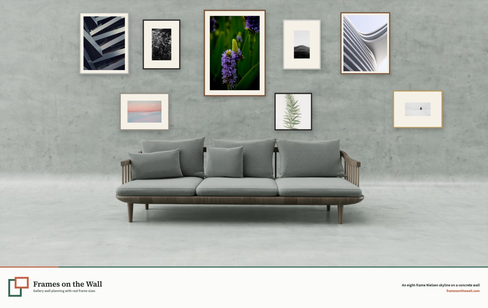 Planner render of eight Nielsen Classic and C2 frames in a skyline composition above a straight-on sofa