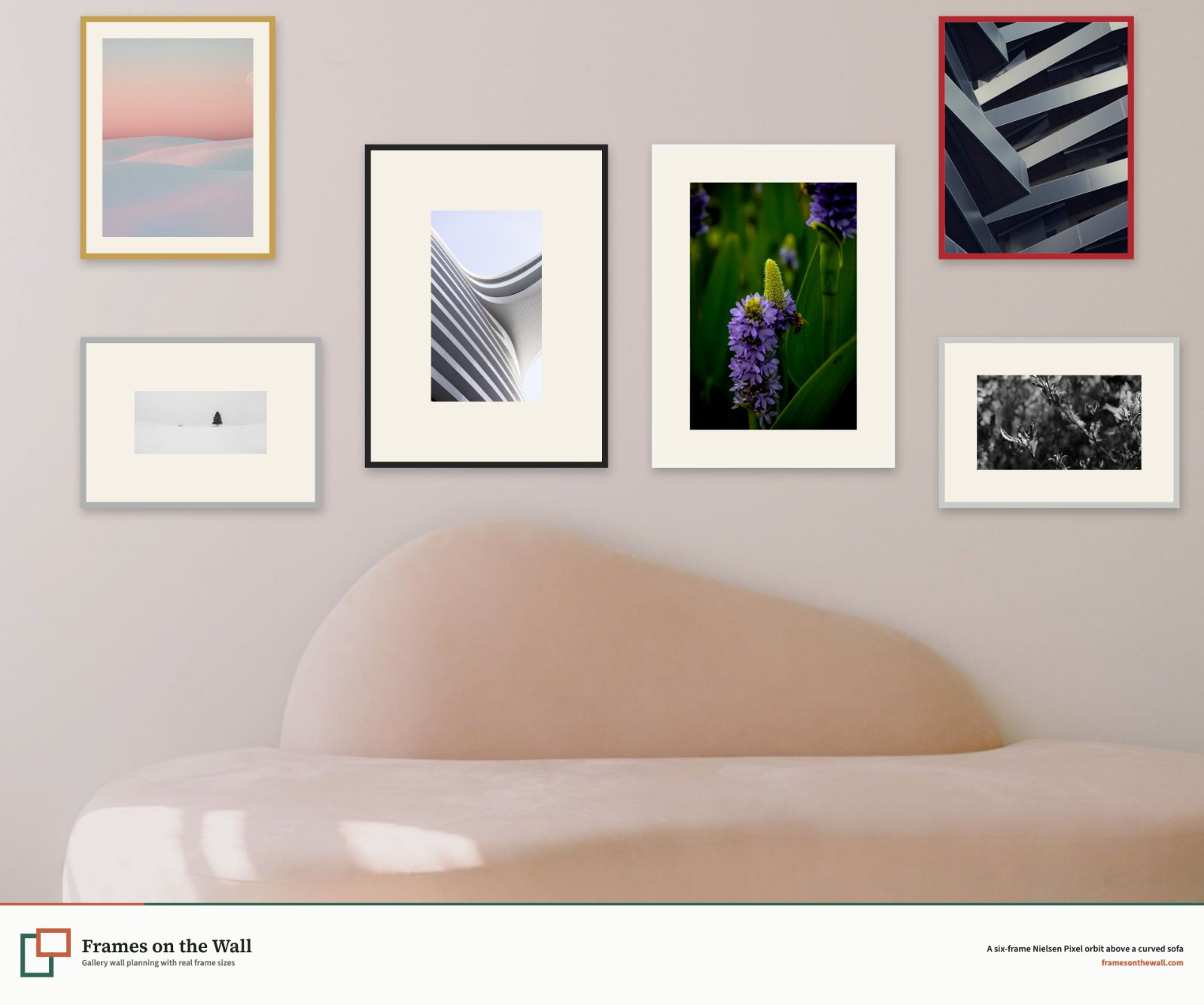Planner render of six Nielsen Pixel frames orbiting above a curved sofa against a pale blush wall