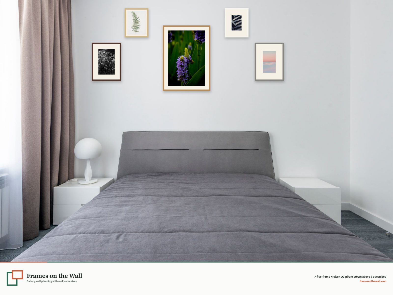 Planner render of five Nielsen Quadrum wood frames in a crown arrangement above a front-facing queen bed