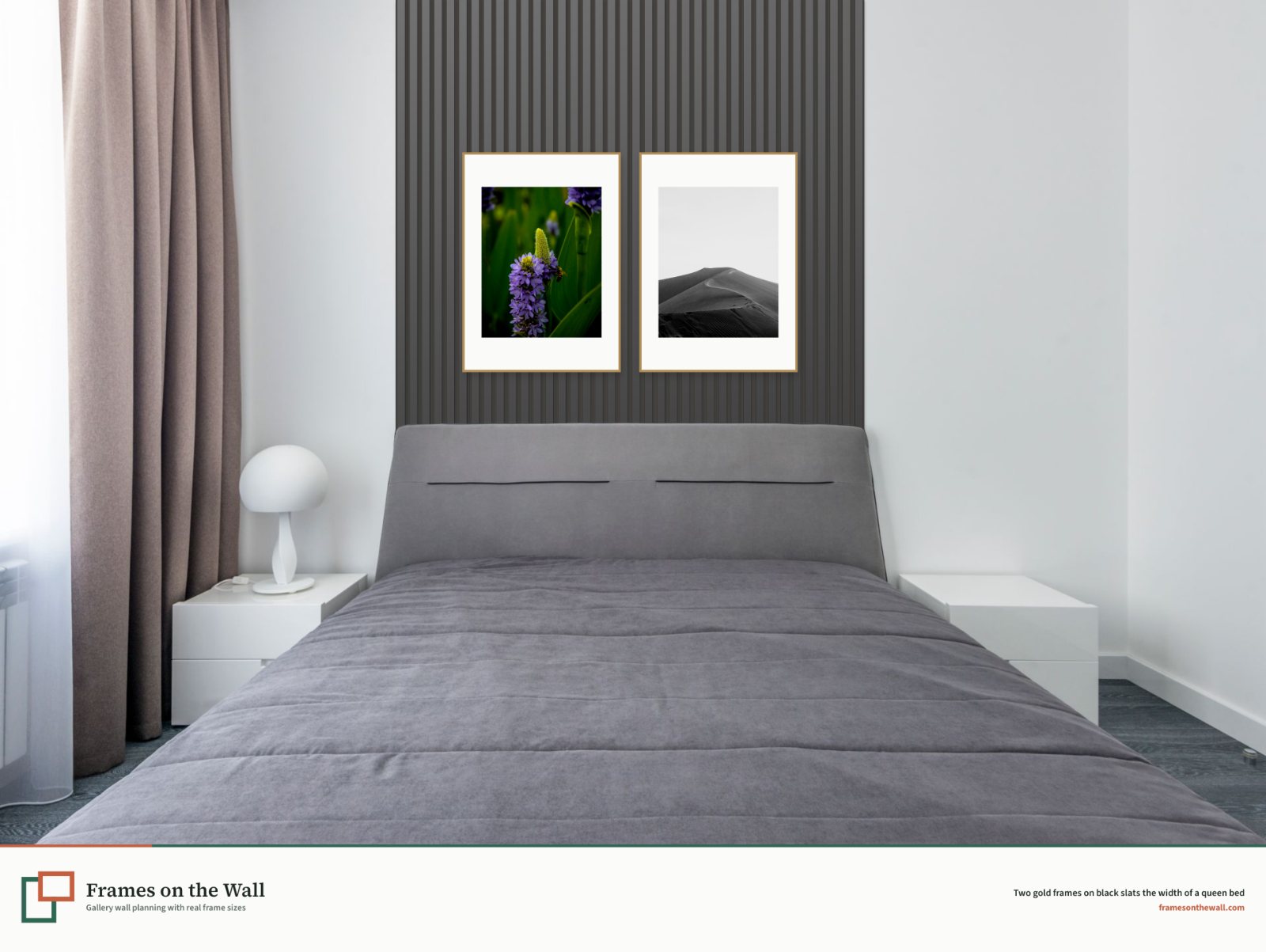 Black acoustic slats from floor to ceiling behind a bed with two gold frames