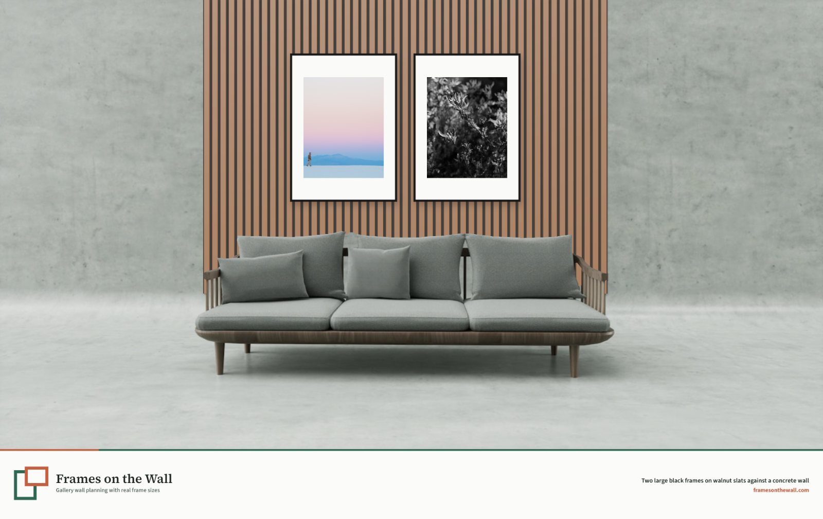 Planner render of two large black frames on floor-to-ceiling walnut slats against a concrete wall behind a grey wooden-framed sofa