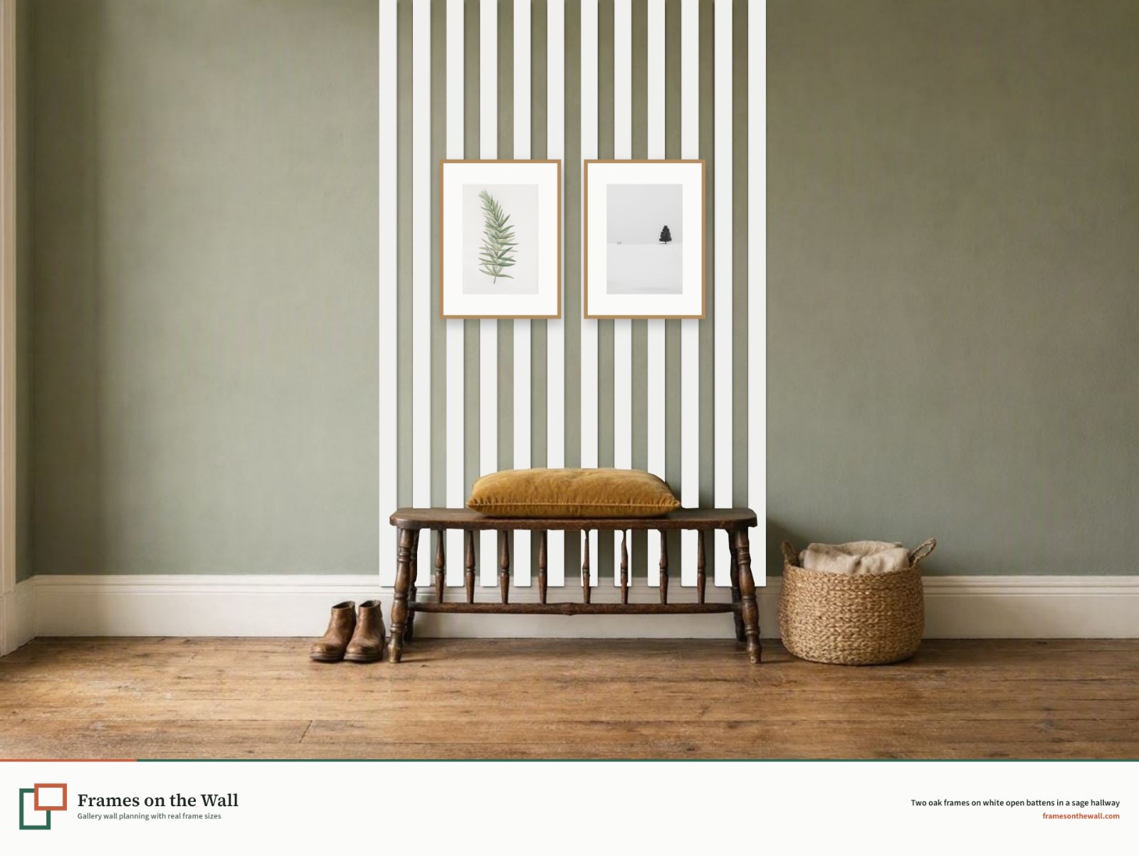 White open battens behind a wooden bench in a sage green hallway with two frames