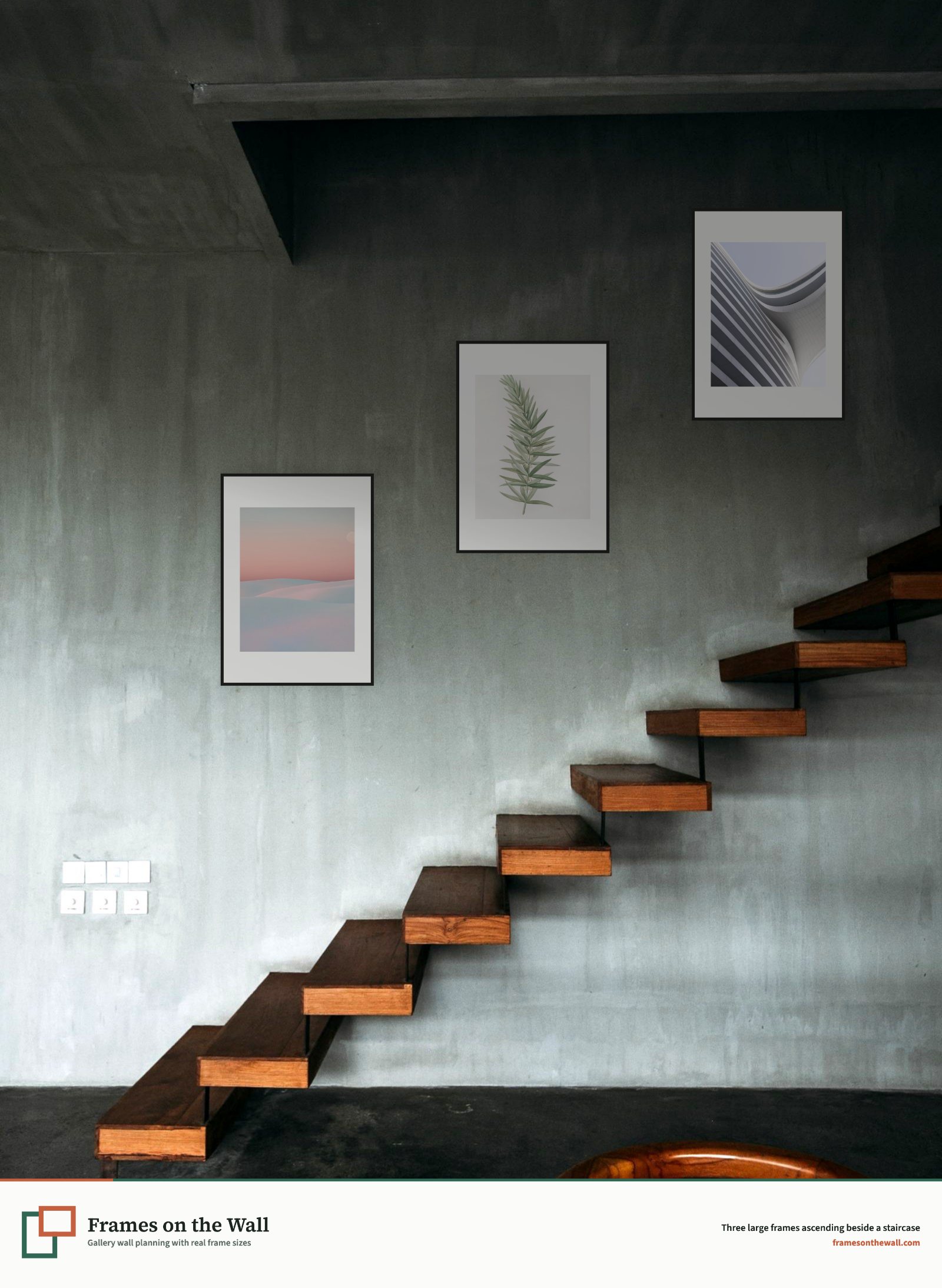 Planner render of three large black frames ascending above a wooden staircase