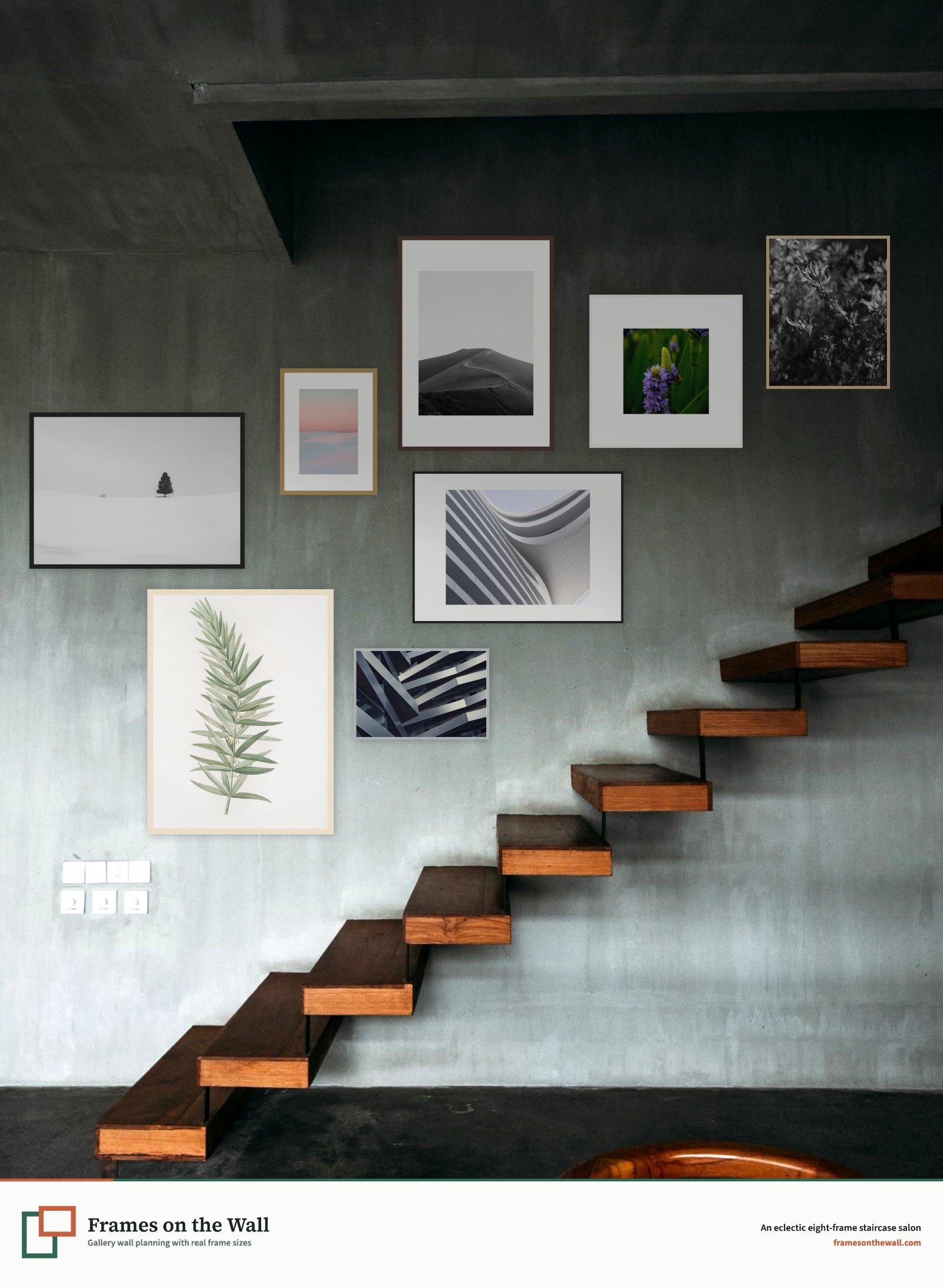 Planner render of an eclectic eight-frame salon following a wooden staircase