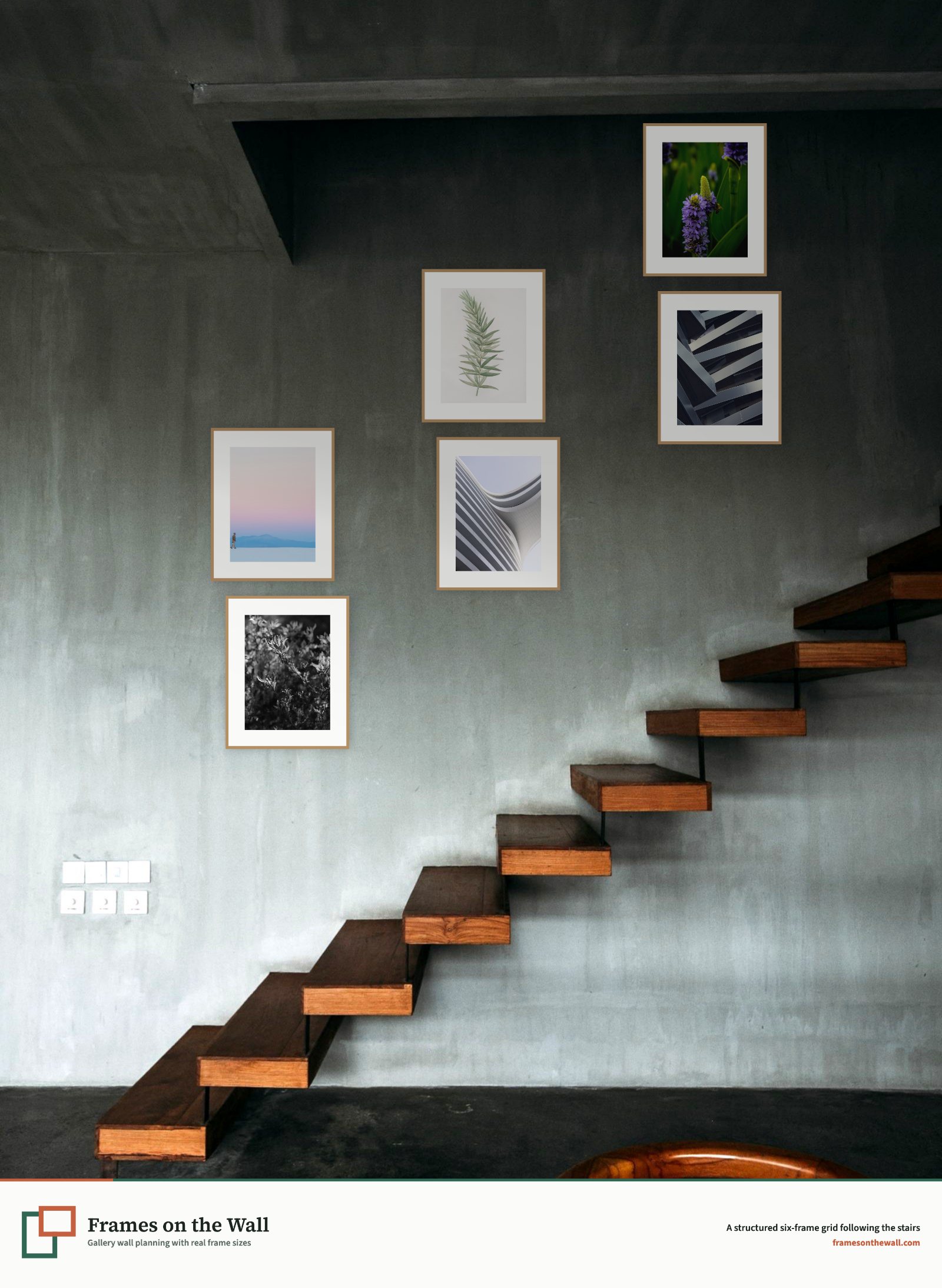 Planner render of six oak frames arranged as three rising pairs beside a staircase