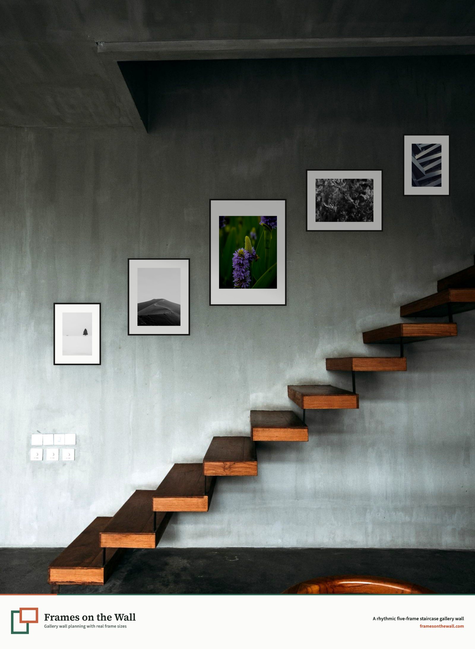 Planner render of five mixed black frames following the incline of a residential staircase