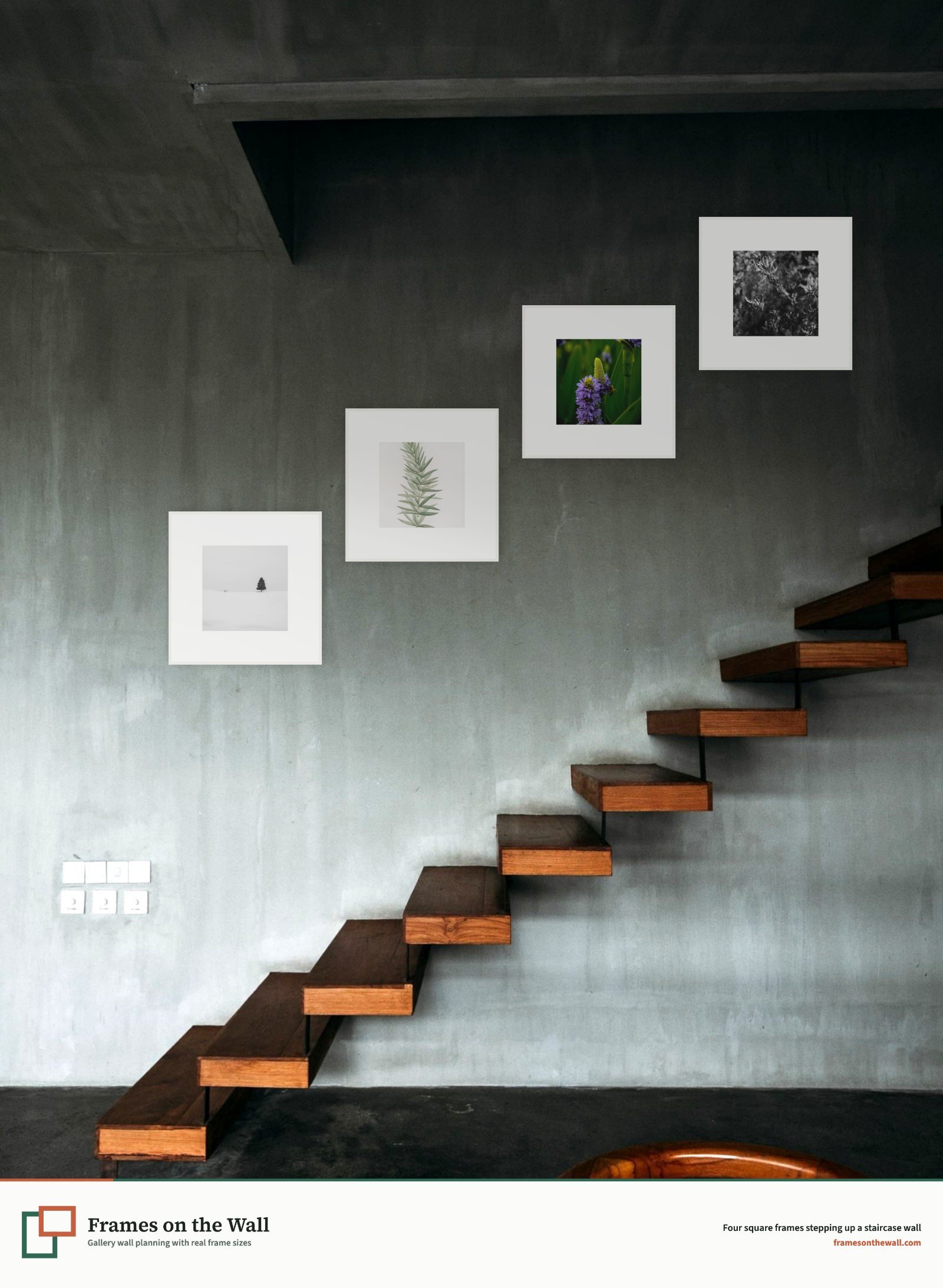 Planner render of four large white square frames stepping up a staircase wall