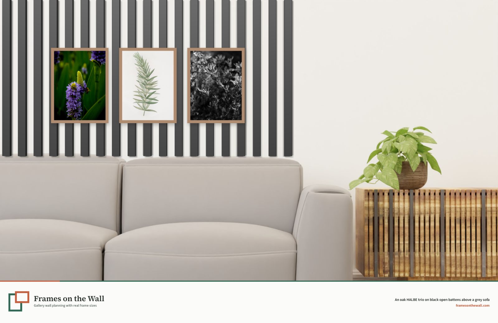 Planner render of three oak HALBE frames on black open timber battens above a light grey sofa