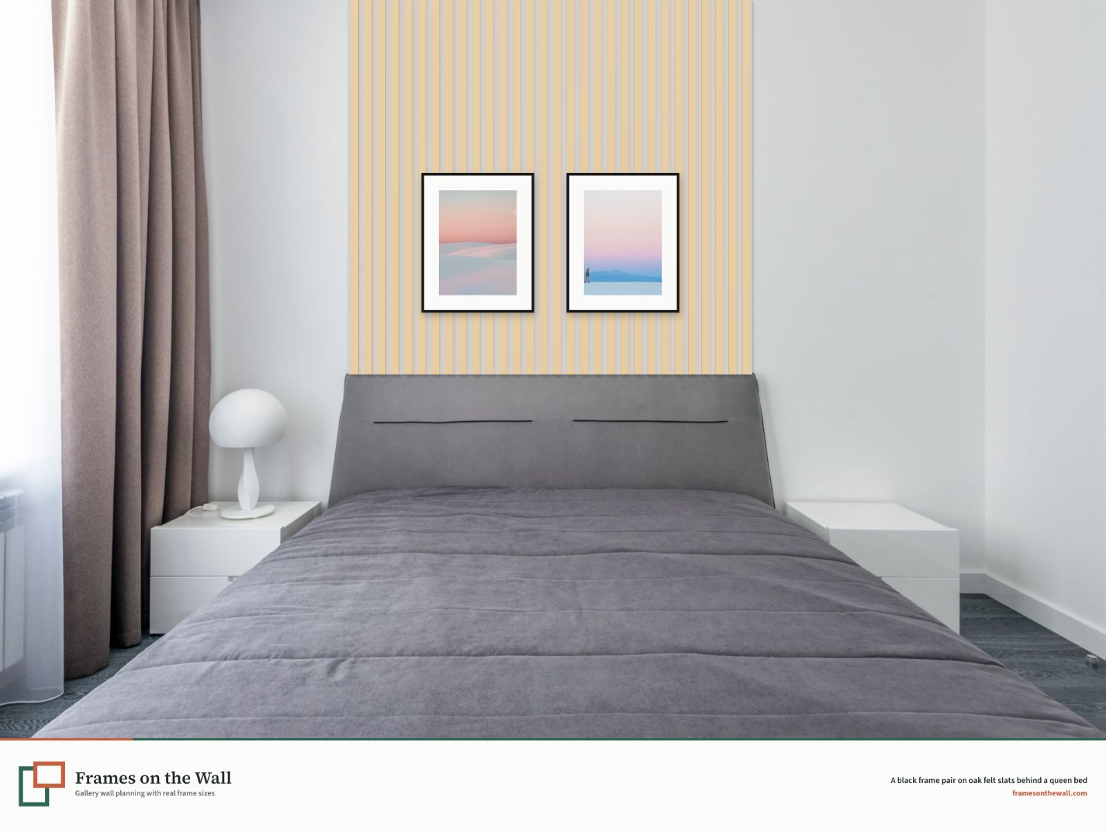 Planner render of two black frames on a light oak slat panel behind a grey upholstered queen bed