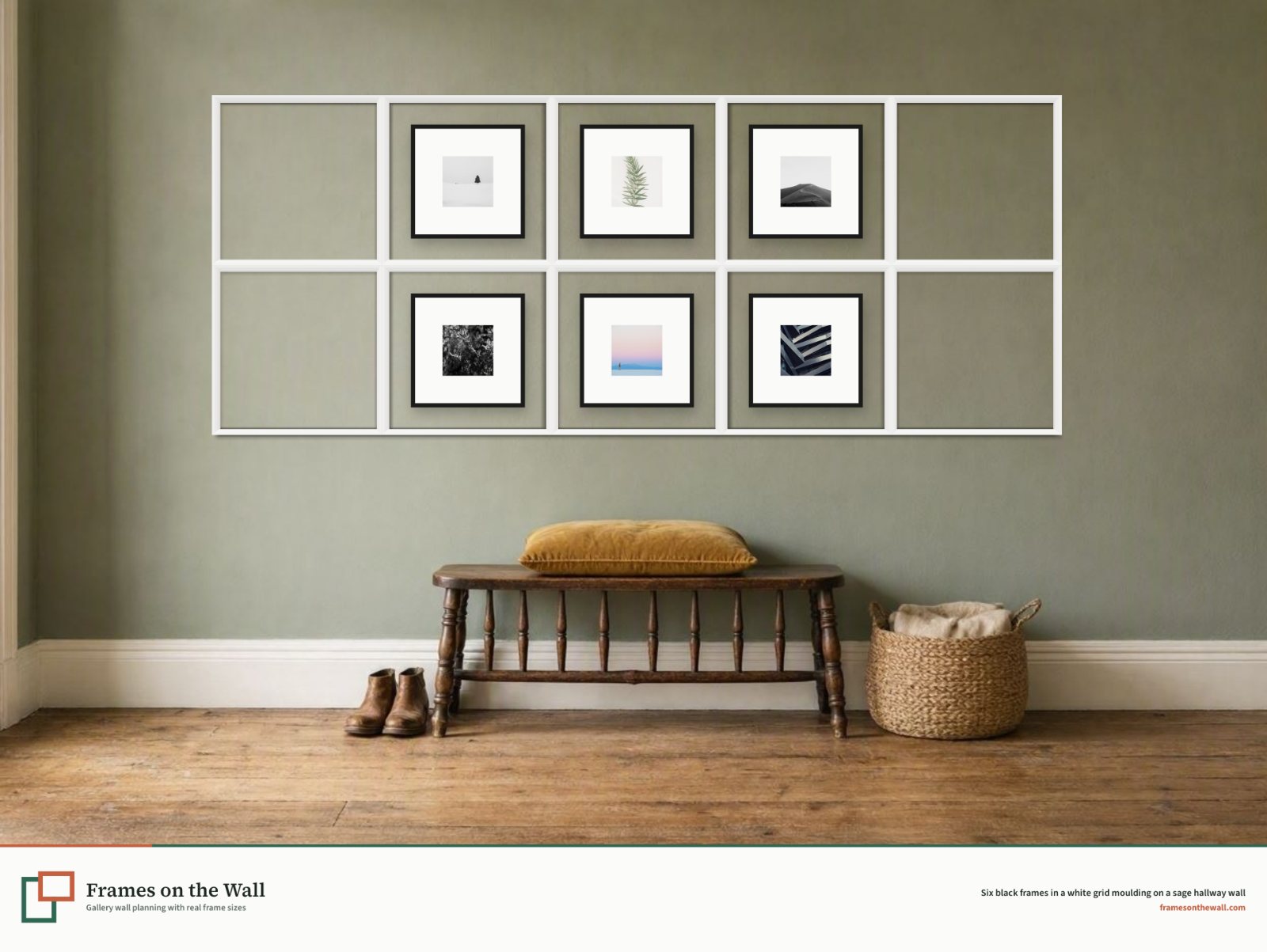 Six black square frames inside a white grid moulding of 40 cm boxes on a sage green hallway wall above a wooden bench