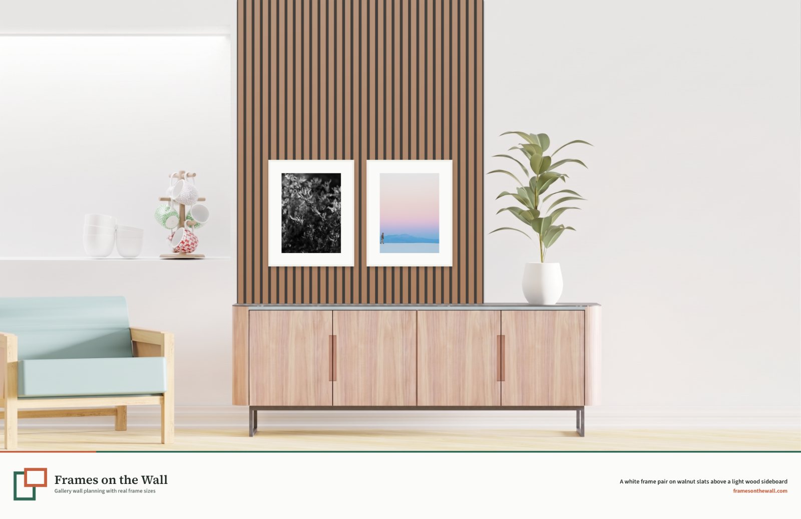 Planner render of two white frames on a walnut slatted wall panel above a light wood sideboard in a white room