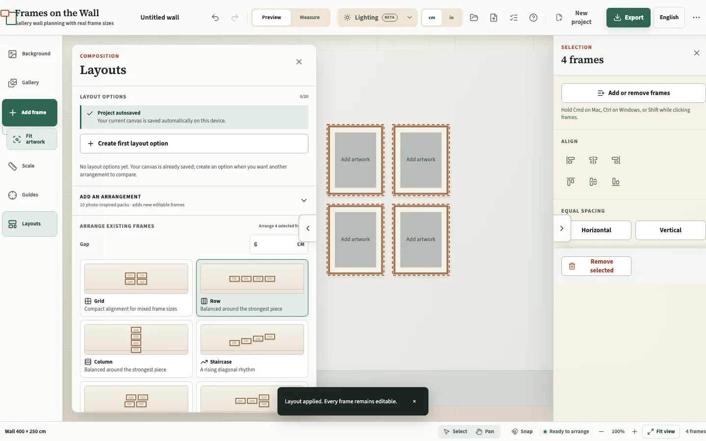Agencez, alignez et comparez les options dans le planificateur Frames on the Wall