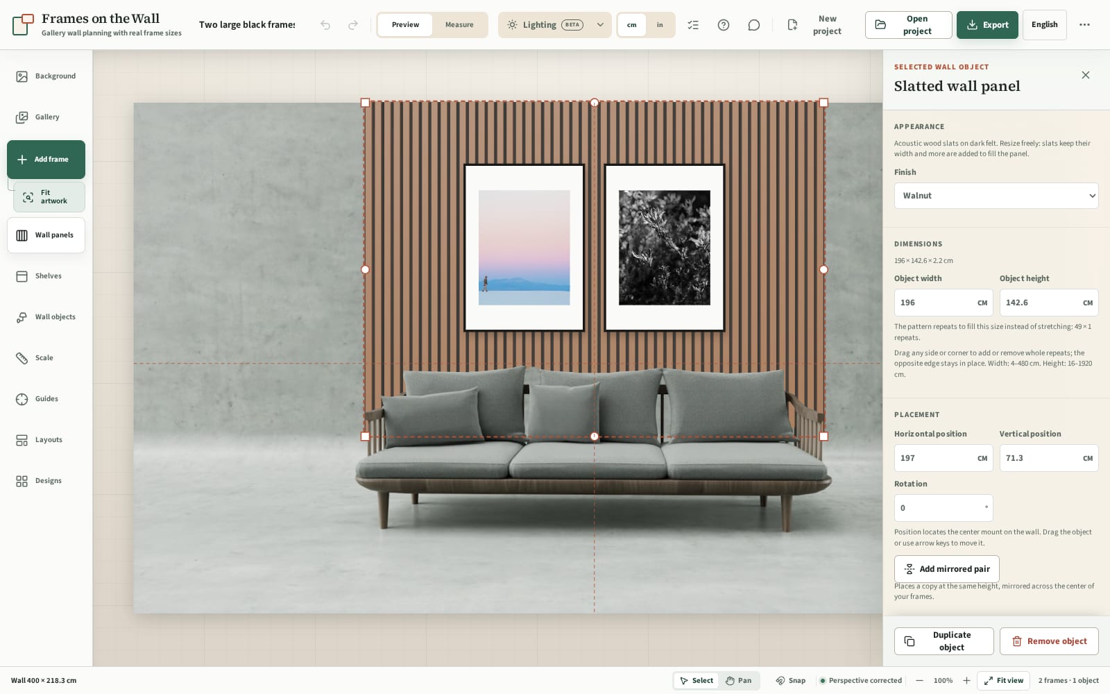 Selected slatted wall panel in the planner with handles and slat count