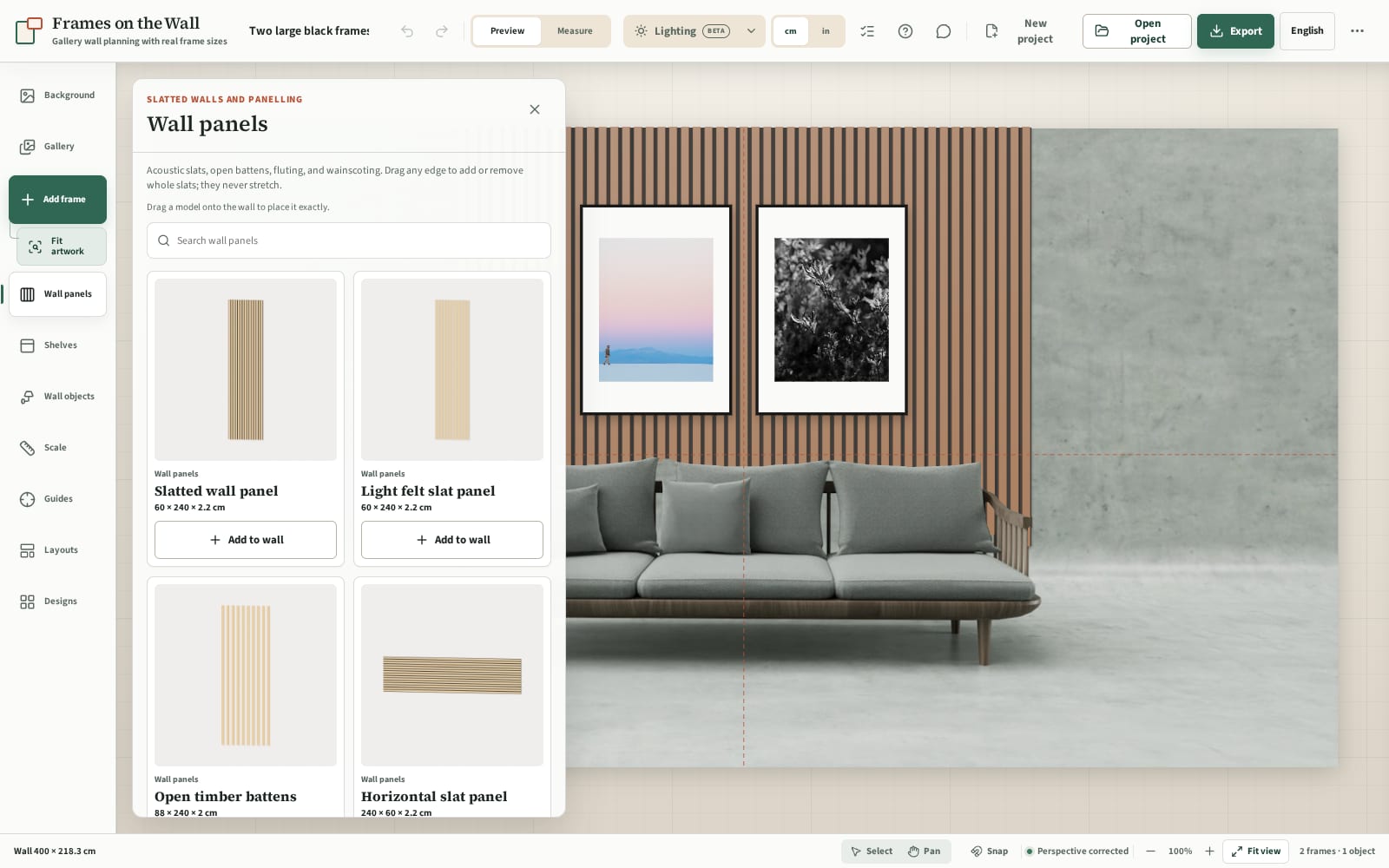 Planner screenshot with the Wall panels tool open